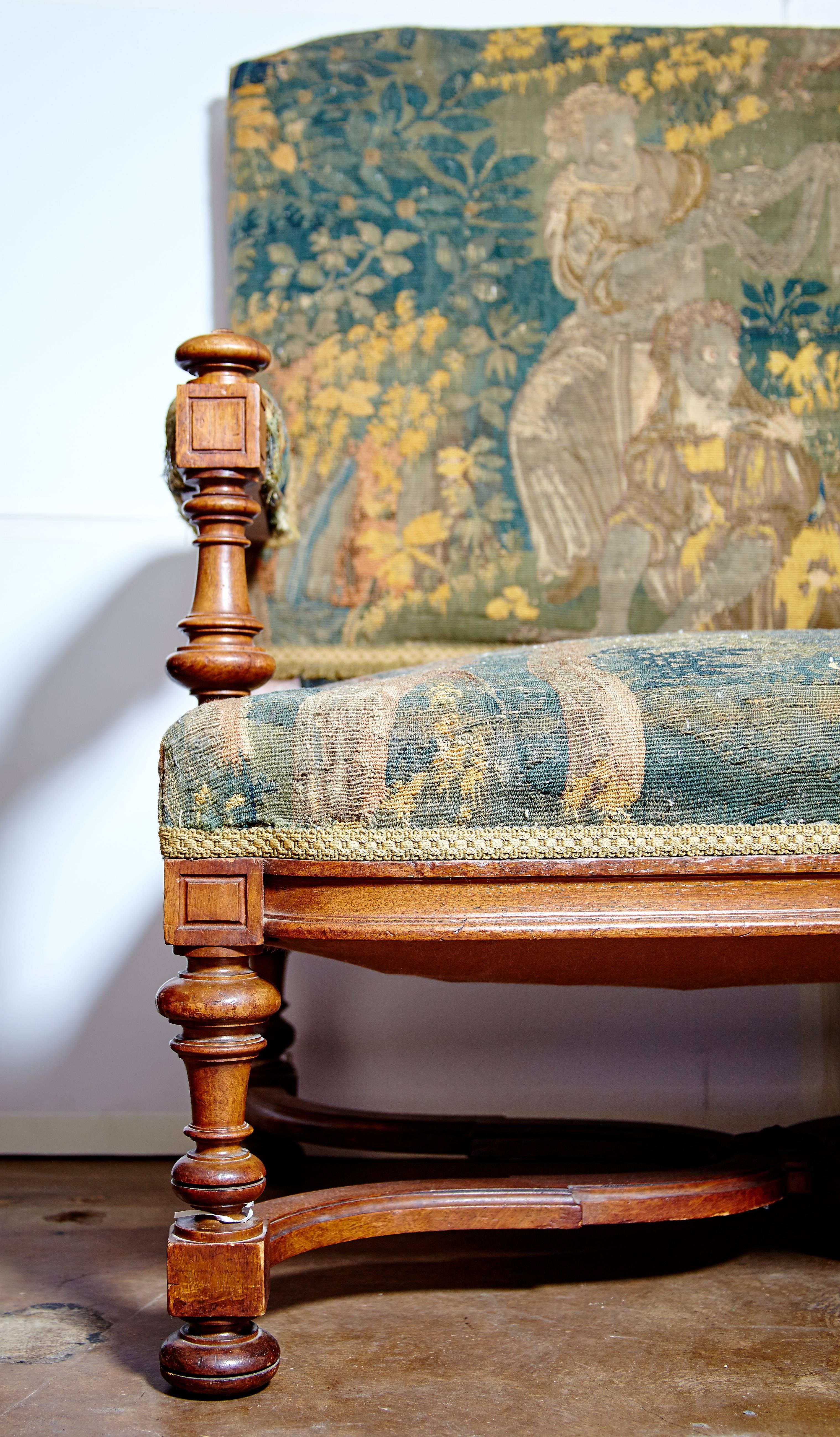 French 19th Century Louis XIII Style Settee Upholstered in Antique Verdure Tapestry