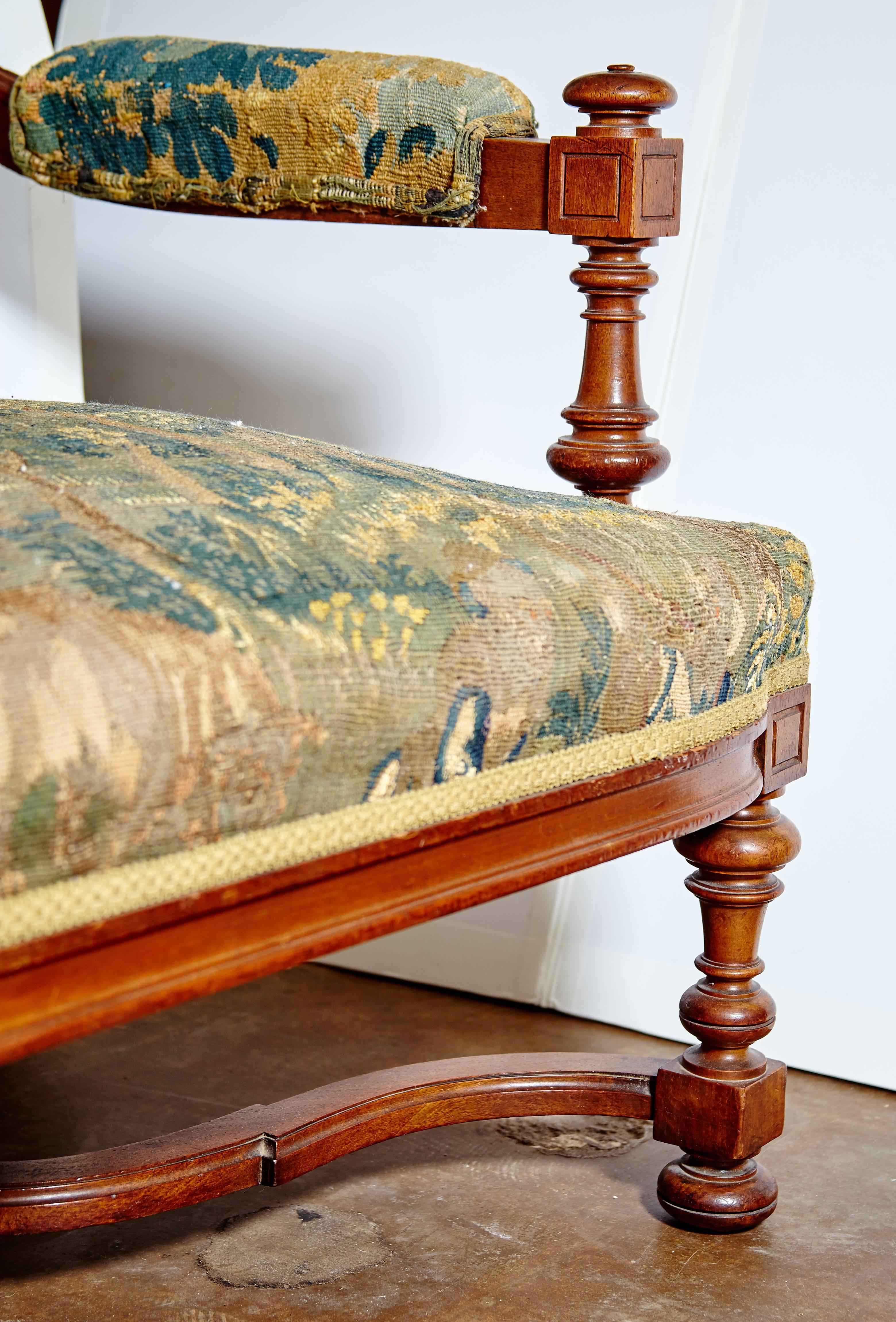 19th Century Louis XIII Style Settee Upholstered in Antique Verdure Tapestry In Good Condition In Dallas, TX