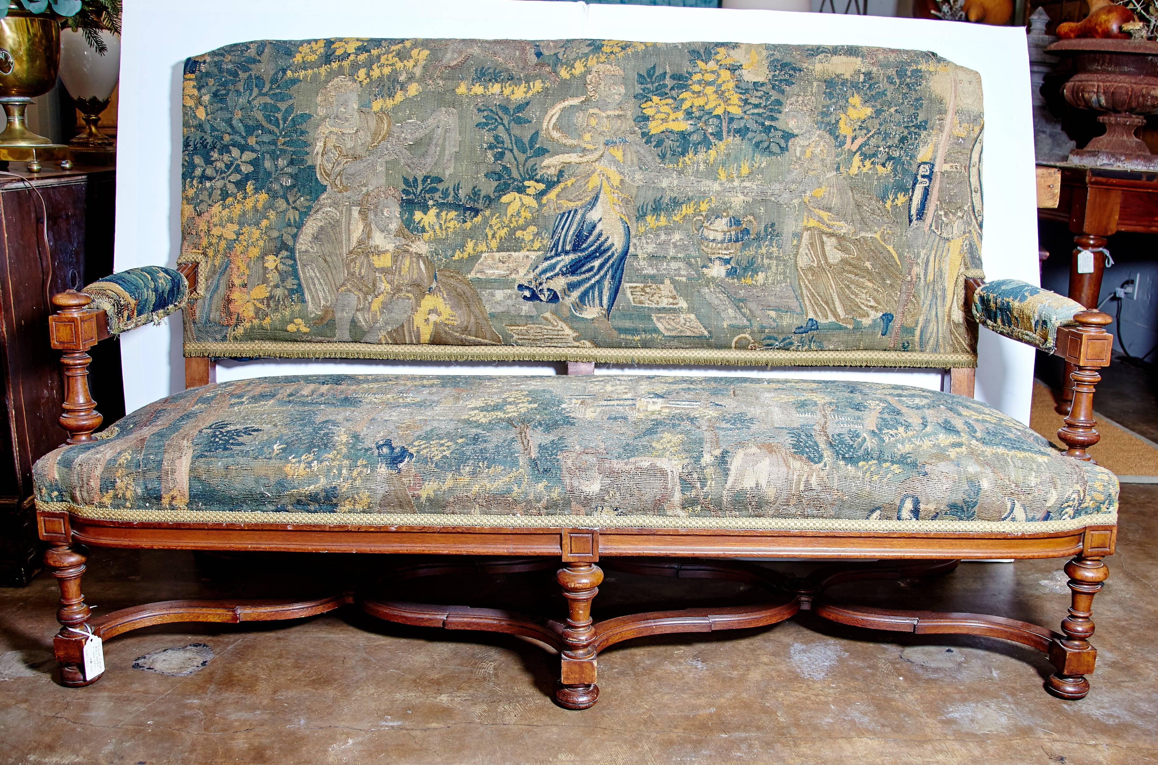 19th Century Louis XIII Style Settee Upholstered in Antique Verdure Tapestry 1