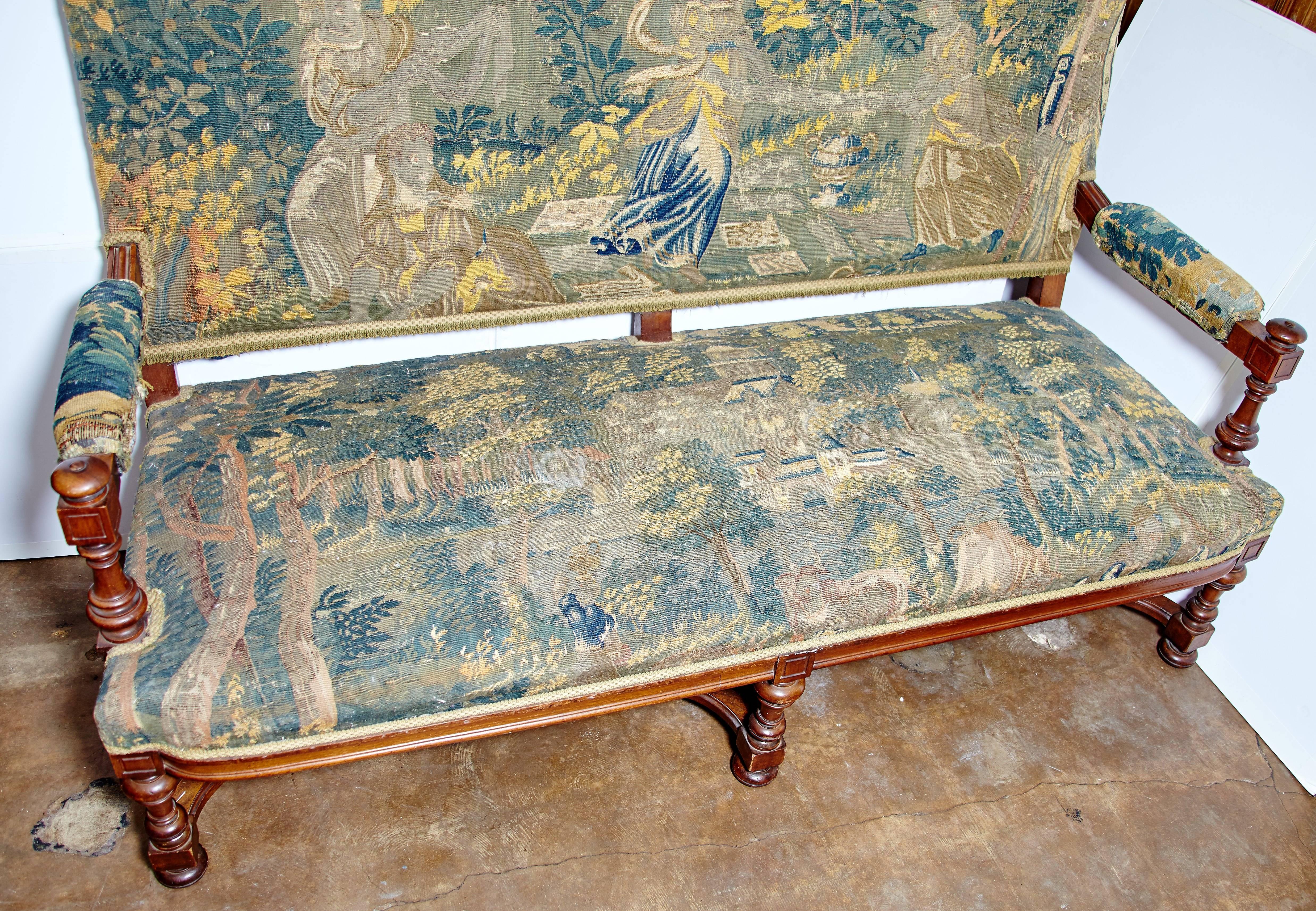 Mid-19th Century 19th Century Louis XIII Style Settee Upholstered in Antique Verdure Tapestry
