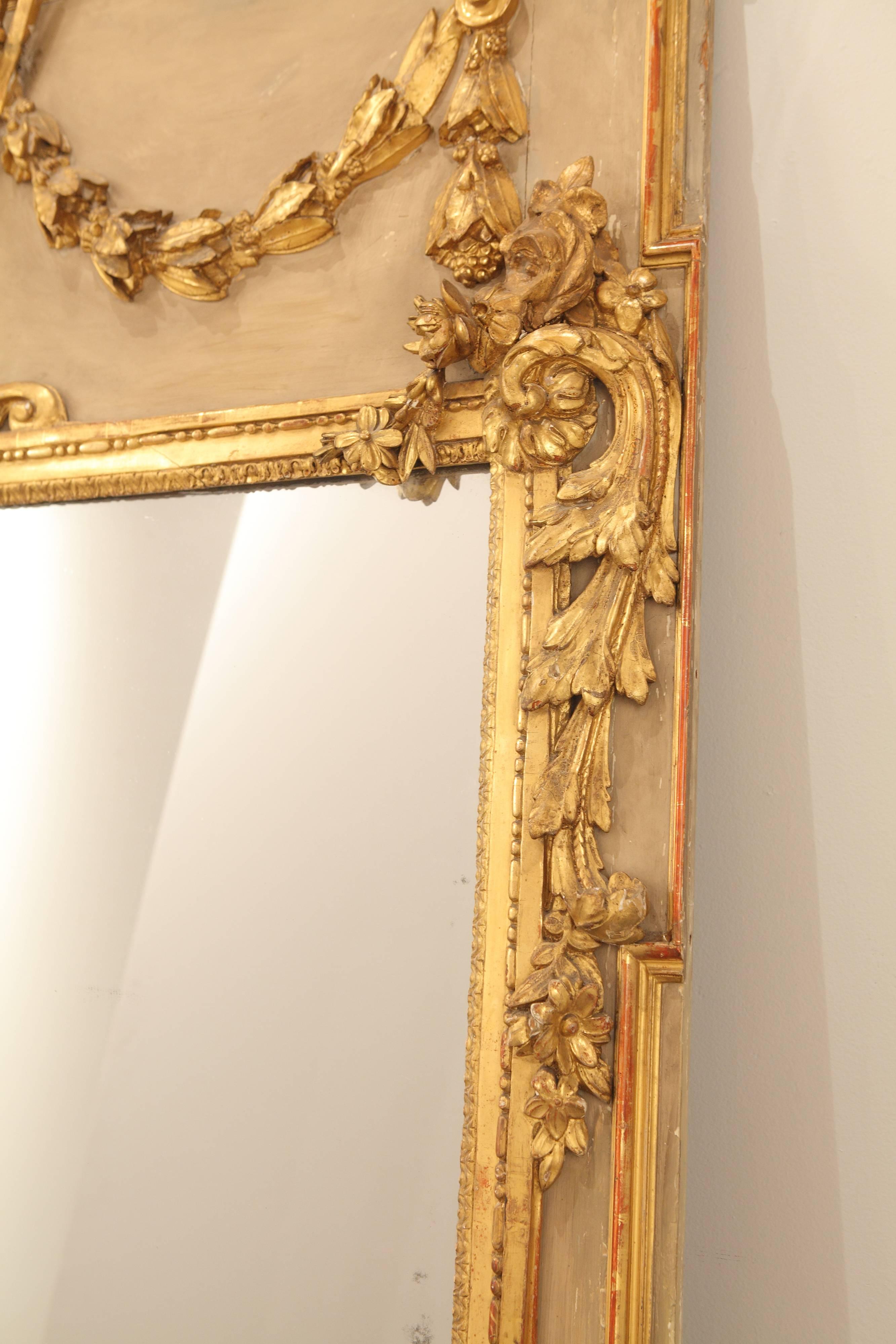 French Antique Neoclassical Louis XVI Style Carved and Water Gilt Mirror