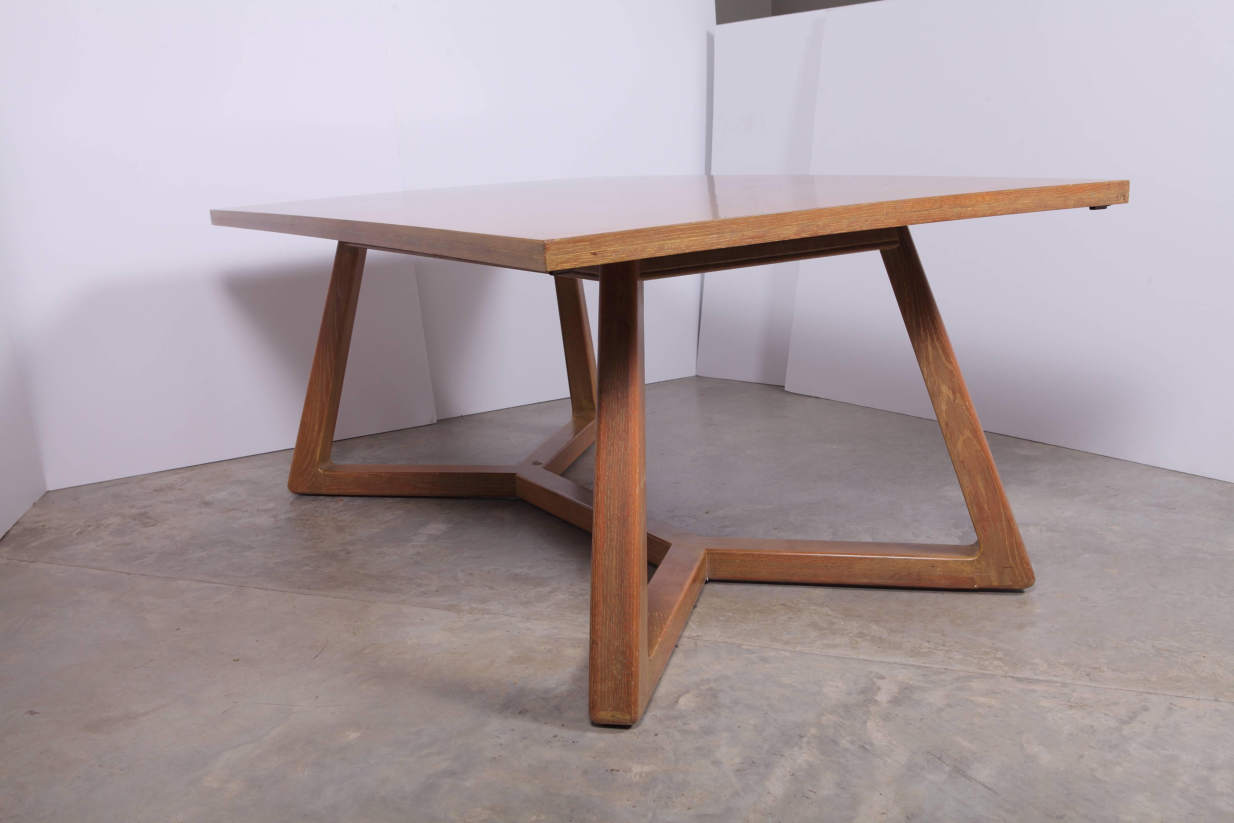 Handsome and substantial 20th century limed oak Romweber dining table designed by Harold Schwartz in 1955.