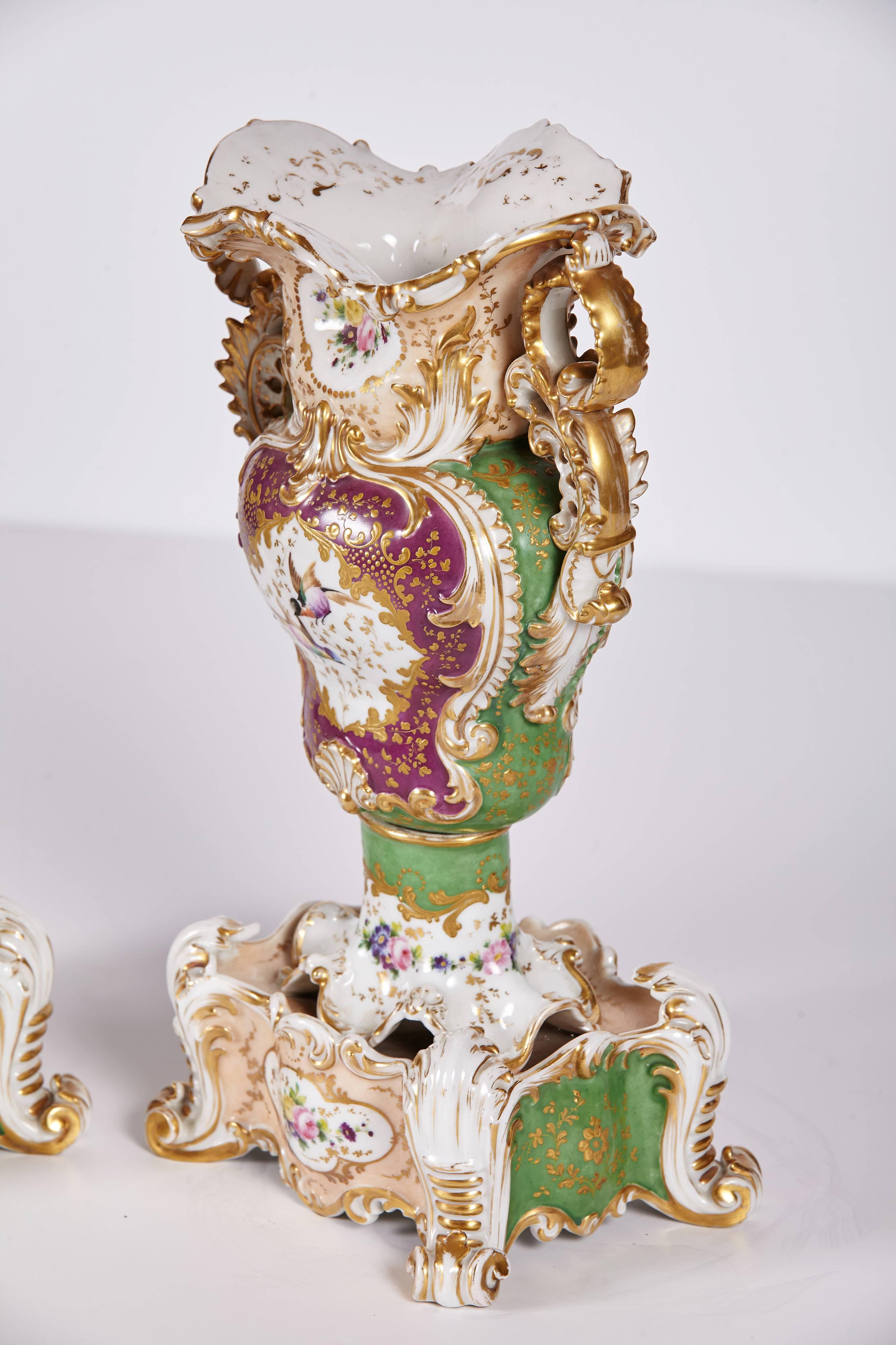 Rococo Revival Pair of Jacob Petit Rococo Paris Porcelain Vases on Stands For Sale