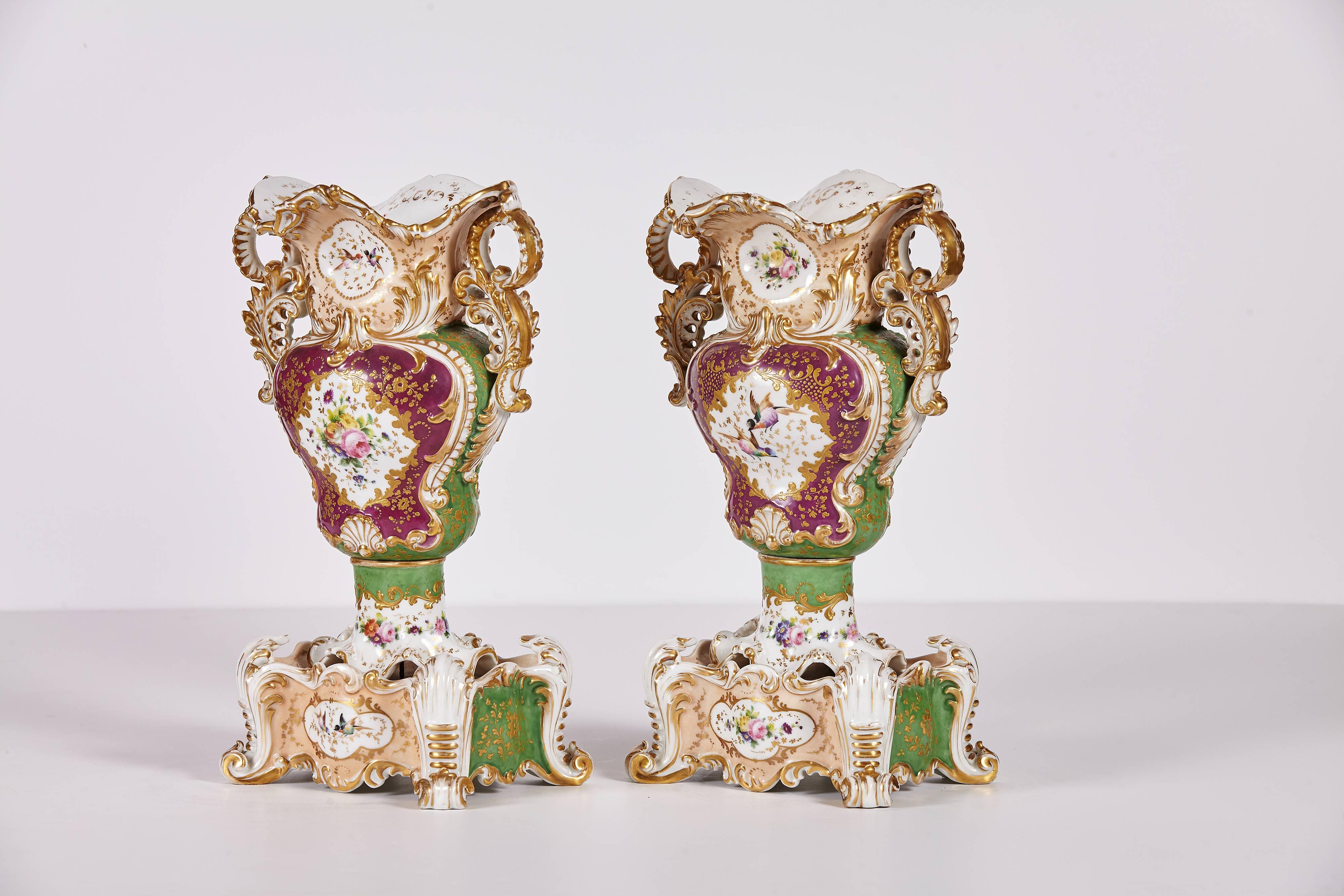 French Pair of Jacob Petit Rococo Paris Porcelain Vases on Stands For Sale