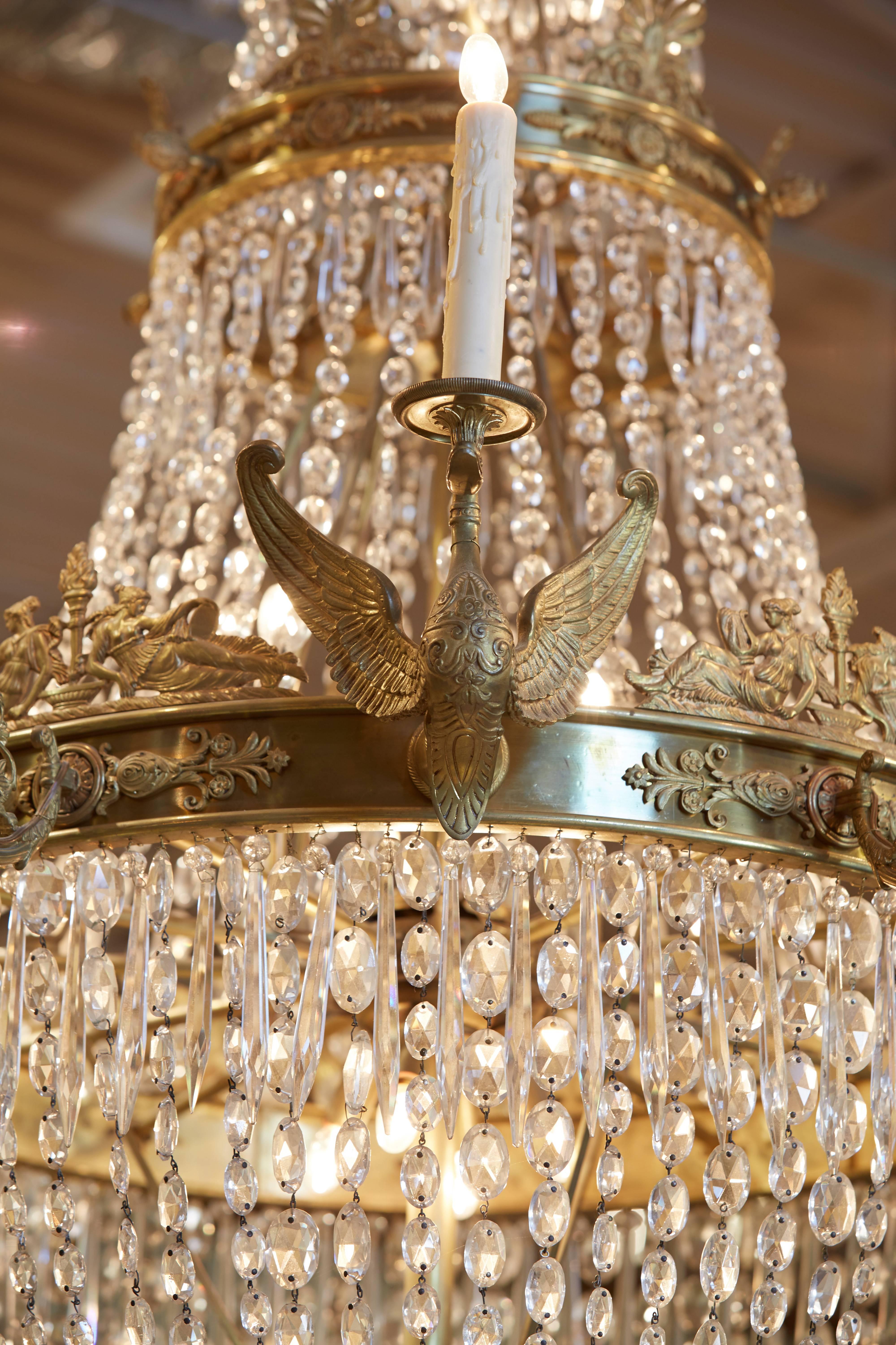 Large French Empire Style Gilt Bronze and Crystal Chandelier In Good Condition In Dallas, TX
