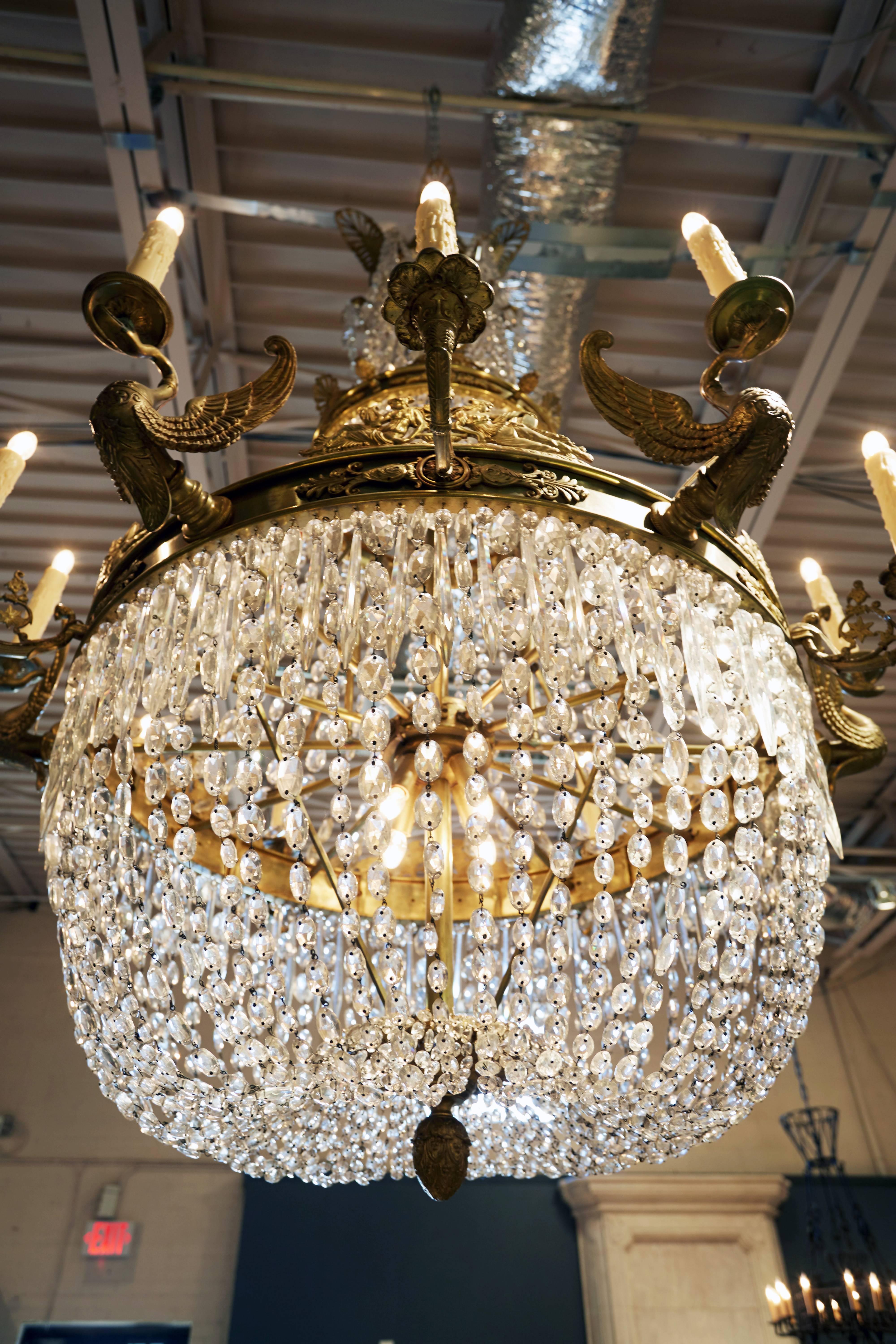 Early 20th Century Large French Empire Style Gilt Bronze and Crystal Chandelier