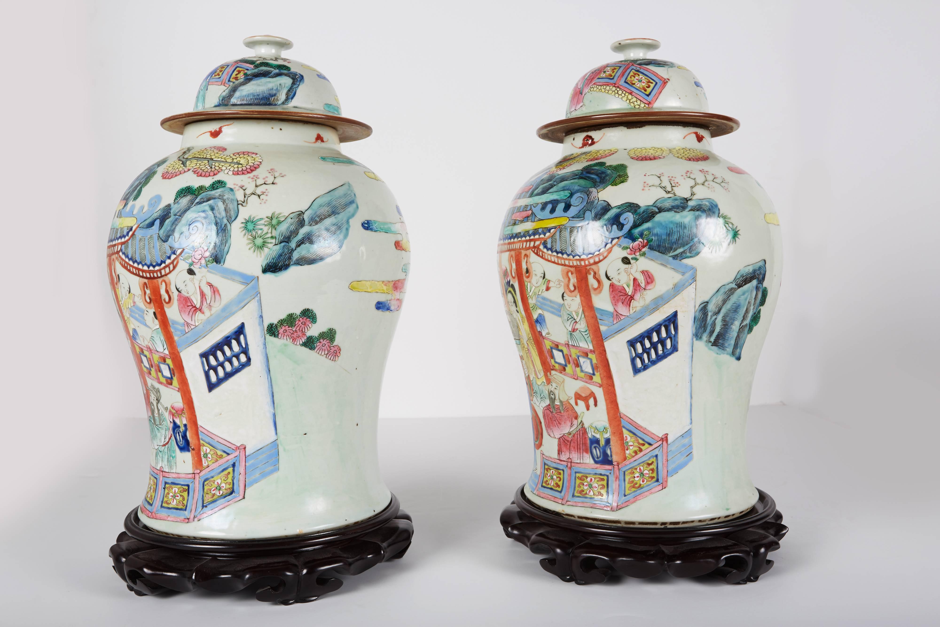 Pair of large Chinese ginger jars decorated in the soft 18th century palette.