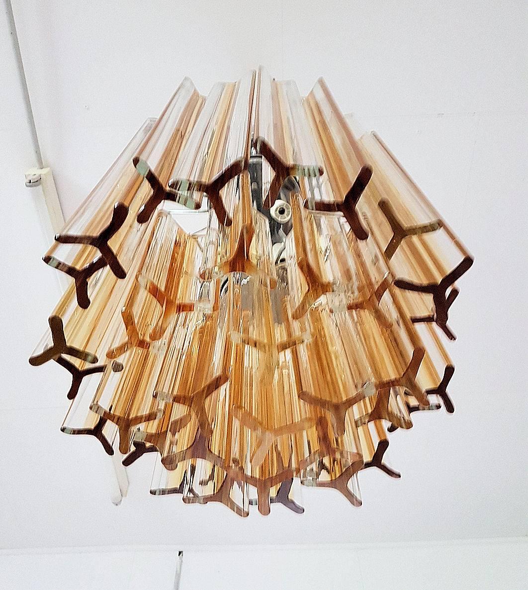 Mid-Century Modern Venini Triedri Glass Chandelier Italy with Amber Color Lines, circa 1960