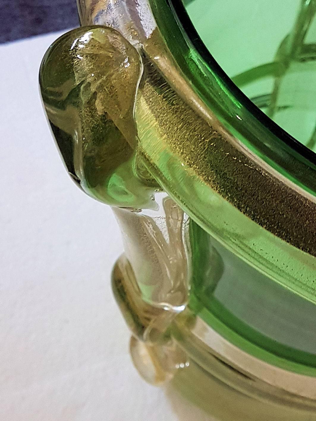 Mid-Century Modern Pair of circa 1970 Large Green and Gold Murano Vases Attributed to Barbini