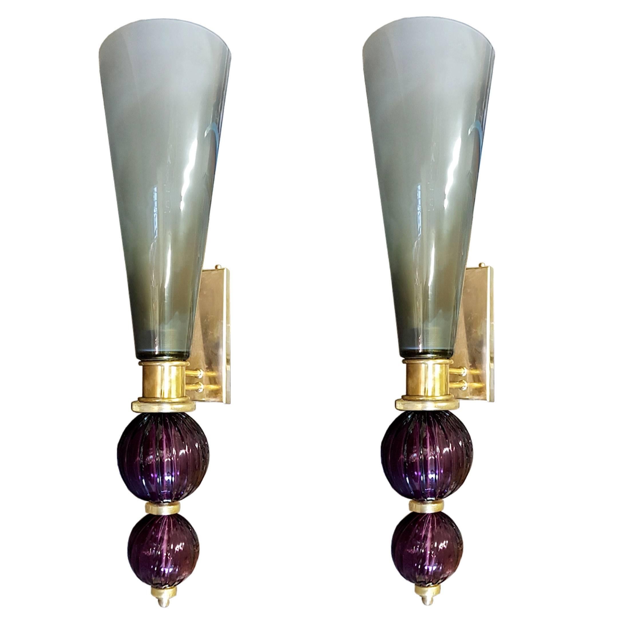 Large Pair of Gray and Violet Murano Glass Sconces by Cenedese, Italy, 1970