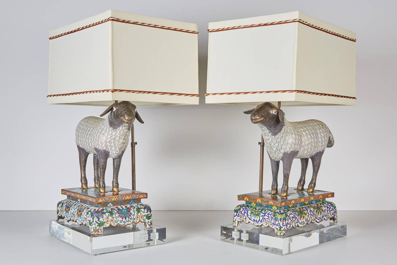 Pair of Antique Chinese Cloisonné Lambs Newly Mounted as Lamps 1
