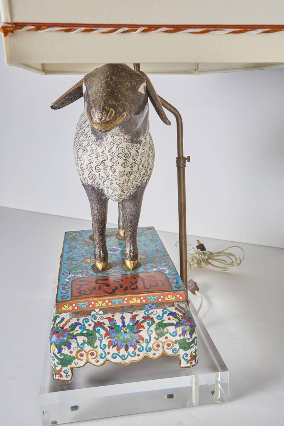 Pair of Antique Chinese Cloisonné Lambs Newly Mounted as Lamps 2