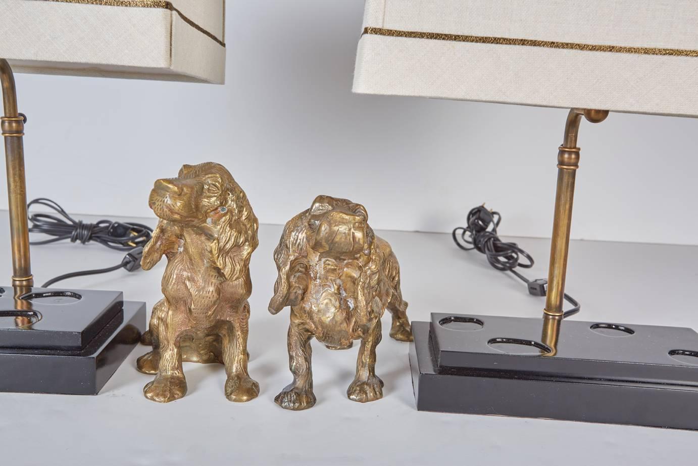 Cast Complementary Pair of Brass Dogs Mounted as Lamps