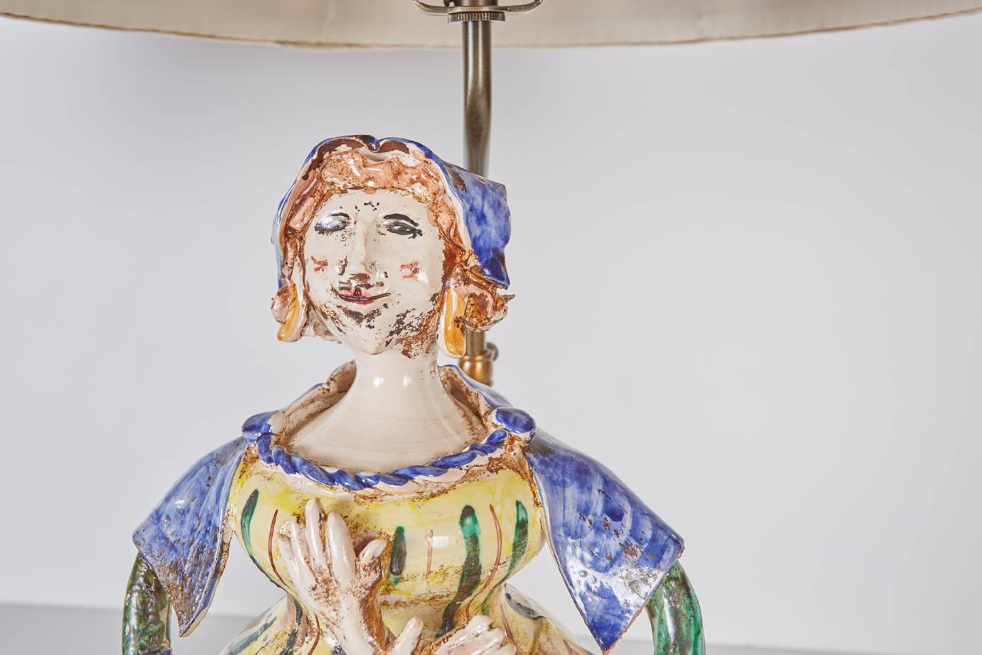 Mid-Century Modern Pair of Midcentury Italian Faience Figures Custom Mounted as Lamps