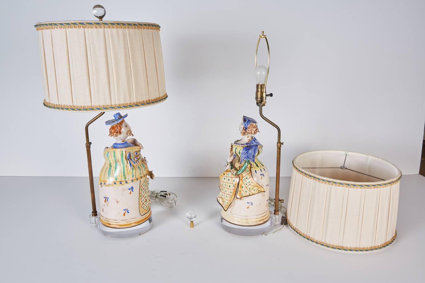 Pair of Midcentury Italian Faience Figures Custom Mounted as Lamps 2