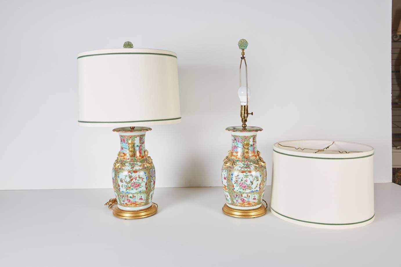 19th Century Pair of Antique Rose Mandarin Vases Newly Mounted as Lamps