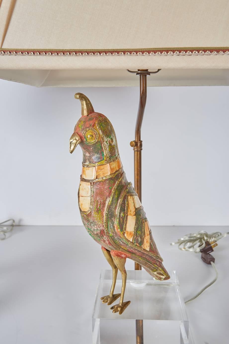 Moorish Pair of Brass and Dyed Bone Inlaid Bird Figures Now Mounted as Lamps