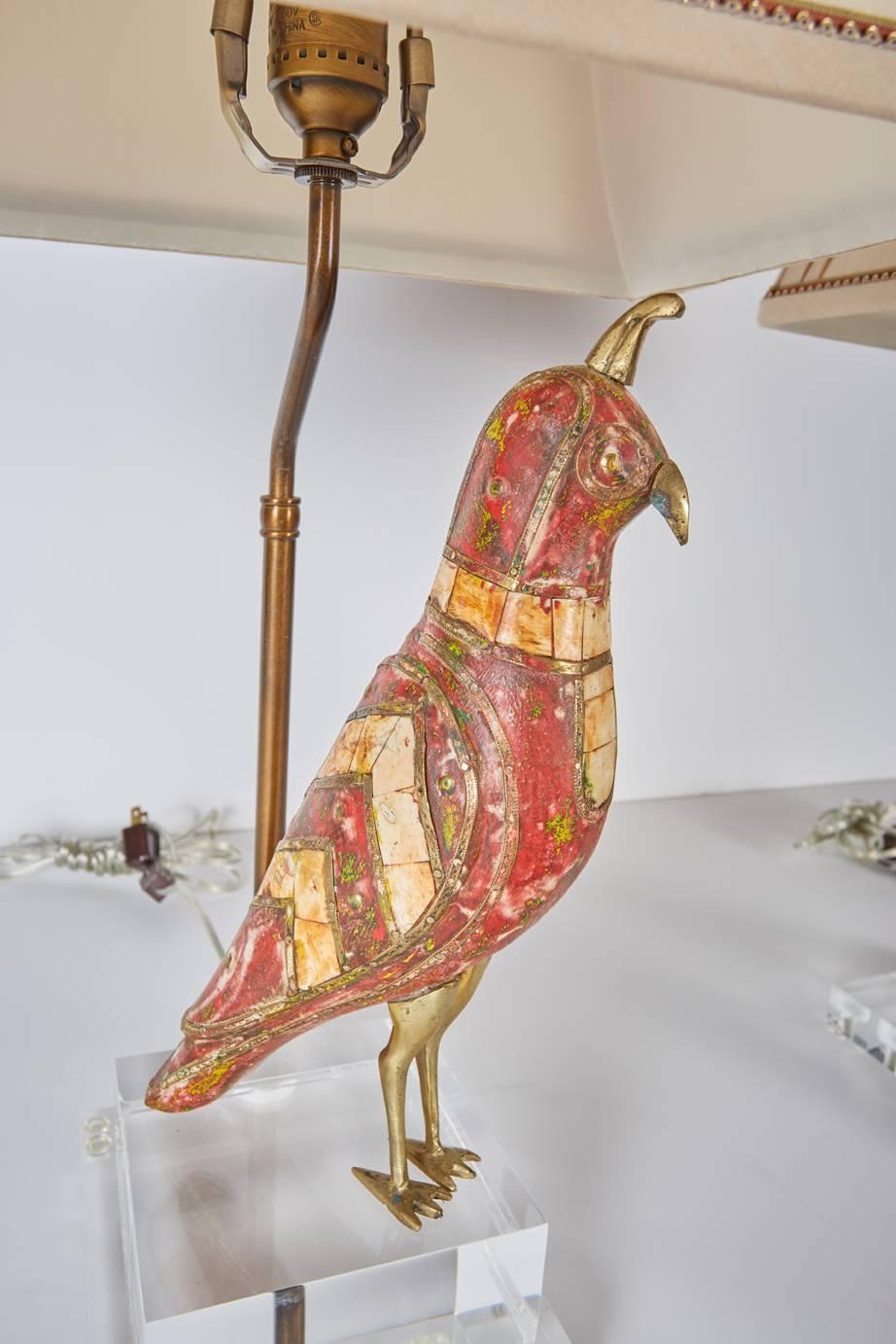Pair of Brass and Dyed Bone Inlaid Bird Figures Now Mounted as Lamps In Excellent Condition In Dallas, TX