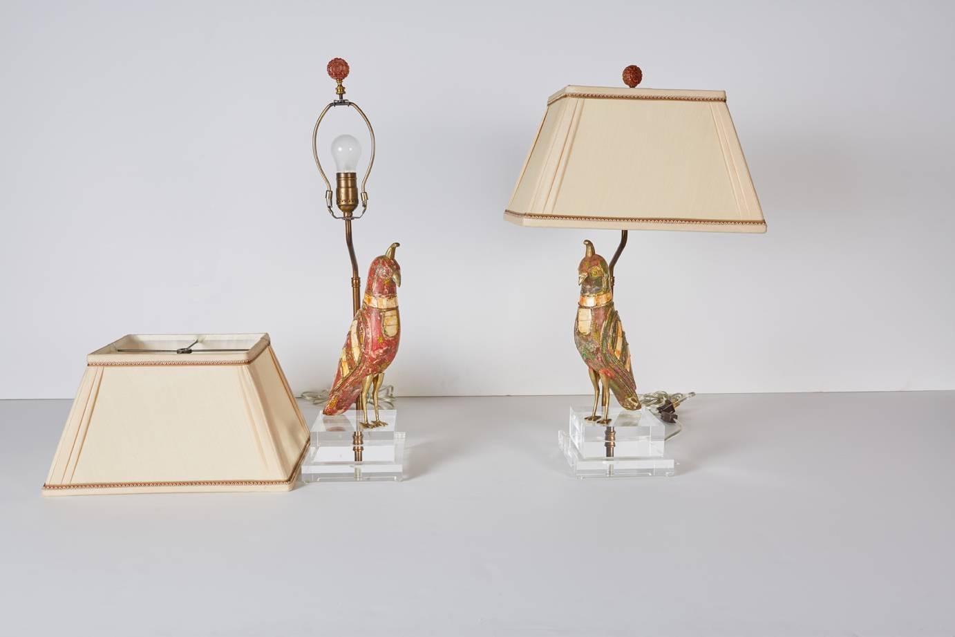 Pair of Brass and Dyed Bone Inlaid Bird Figures Now Mounted as Lamps 1