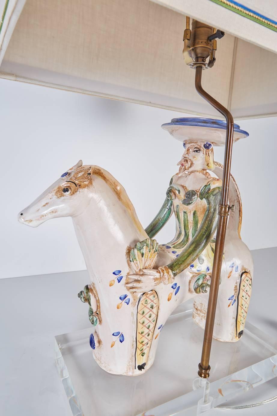 Hand-Crafted Italian Midcentury Ceramic Horse with Rider Now Custom Mounted as a Lamp