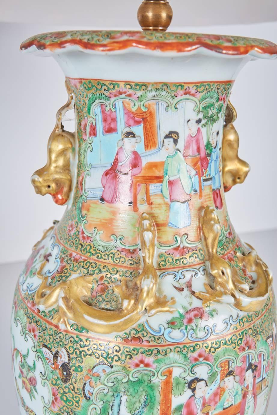 Silk Pair of Antique Chinese Export Rose Mandarin Vases Now Custom Mounted as Lamps For Sale