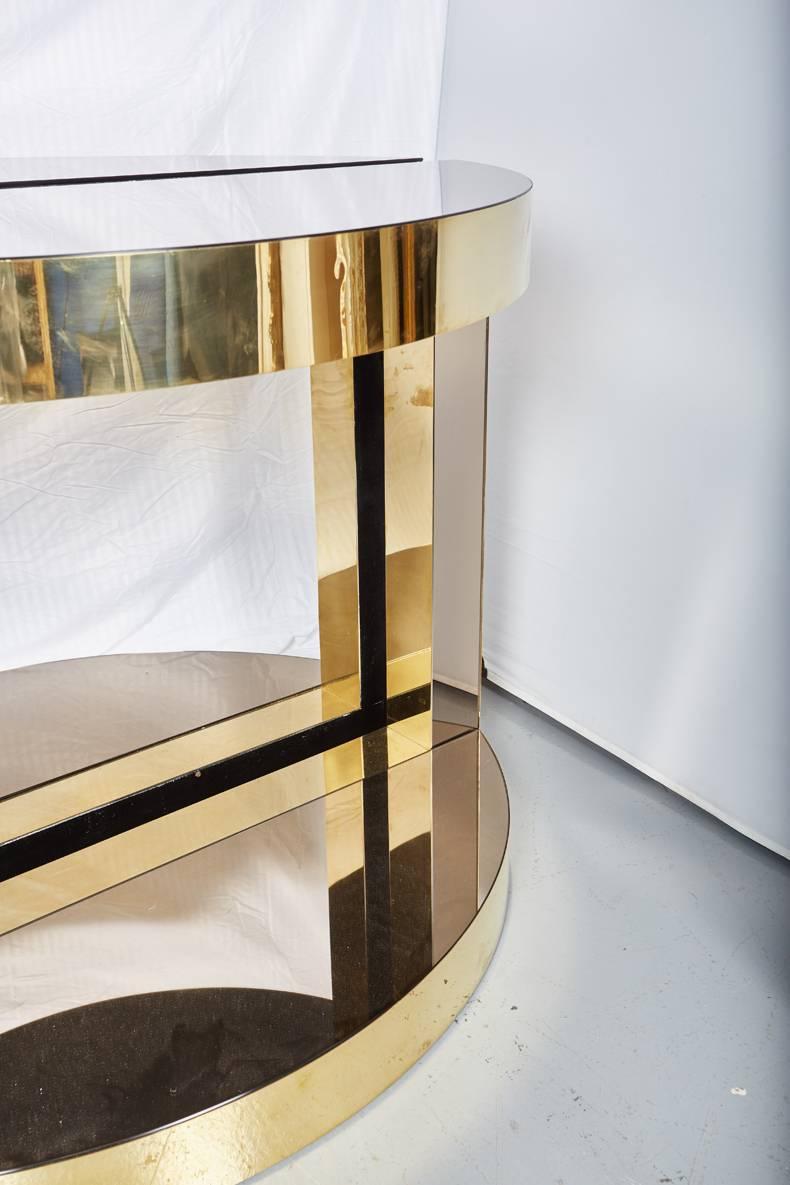 Hand-Crafted Pair of Midcentury Italian Brass and Mirrored Glass Demilune Consoles by Petti