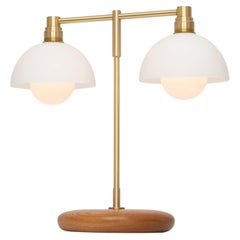 Double Matte White Glass Dome Oak Table Lamp