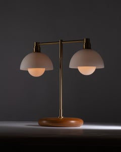 Double Matte White Glass Dome Oak Table Lamp