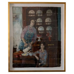 Large French Painting on Canvas Depicting Domestic Life
