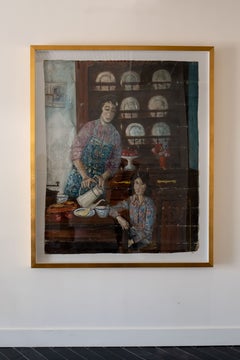 Large French Painting on Canvas Depicting Domestic Life