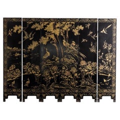 20th Century Black Lacquer Folding Screen with Gilt Chinoiserie Landscape