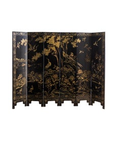 20th Century Black Lacquer Folding Screen with Gilt Chinoiserie Landscape