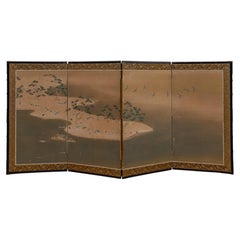 Japanese Four-Panel Folding Screen with Cranes and Pine