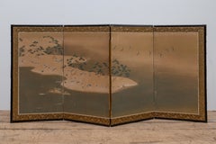 Japanese Four-Panel Folding Screen with Cranes and Pine