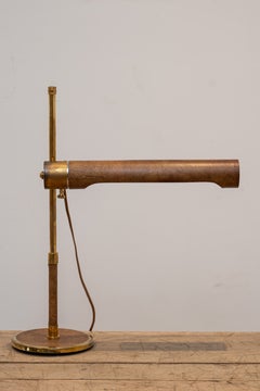 Mid-Century Modern Brass and Brown Leather Adjustable Desk Lamp