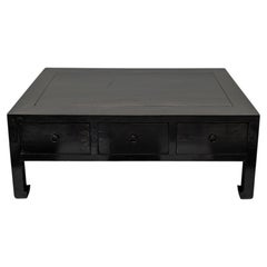 Chinoiserie Style Black Wood Rectangular Coffee Table with Drawers
