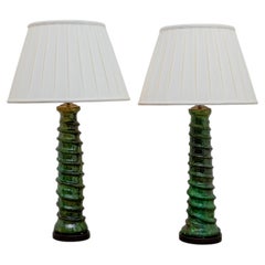 Pair of Green Glazed Ceramic Table Lamps with Brass Accents