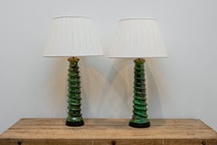 Pair of Green Glazed Ceramic Table Lamps with Brass Accents