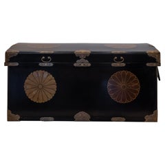 19th C. Japanese Black Lacquer Nagamochi Storage Trunk with Metal Mounts