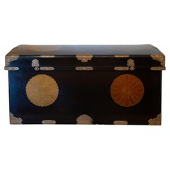 19th C. Japanese Black Lacquer Nagamochi Storage Trunk with Metal Mounts