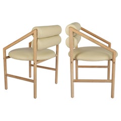 Contemporary White Oak and Italian Leather Dining Chairs, Set of Two