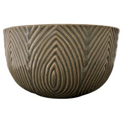 Large stoneware bowl in ribbed style with dark celadon glaze by Axel Salto