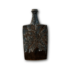 Sculptural stoneware floor vase w. white and bluish running glaze by Erik Pløen