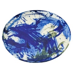 Unique stoneware dish with white, blue, and green glaze by Ivan Weiss