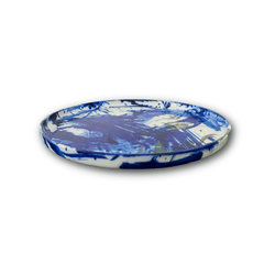 Unique stoneware dish with white, blue, and green glaze by Ivan Weiss