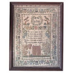 Antique George III Pictorial Needlework Sampler with Hot Air Balloon c1805-1820
