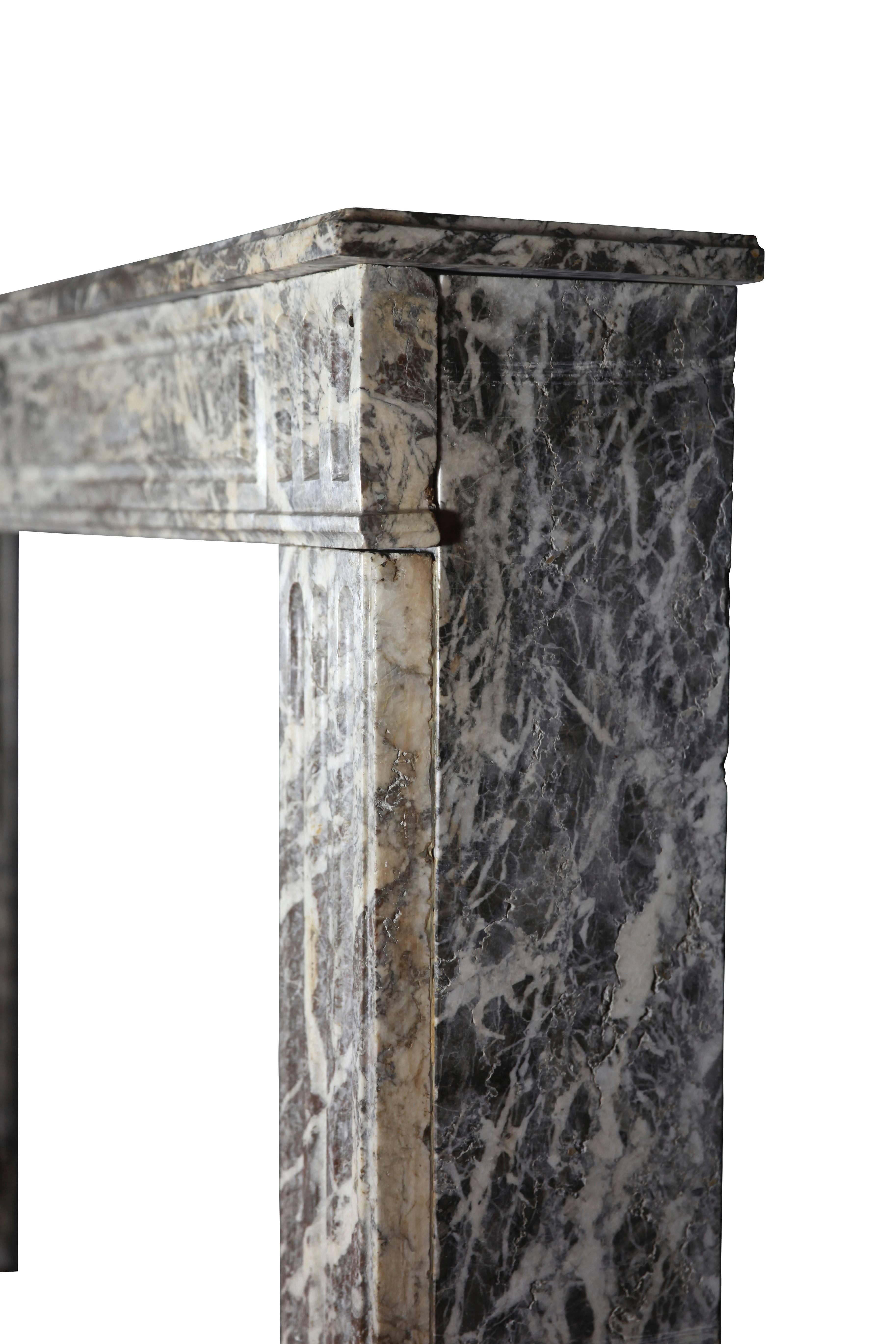 This antique fireplace mantle is in superb condition. Its elegant white grey marble comes from the Belgian Ardennes region; this particular type of marble has been used in many landmark buildings.
Perfect for a classic eclectic interior design.