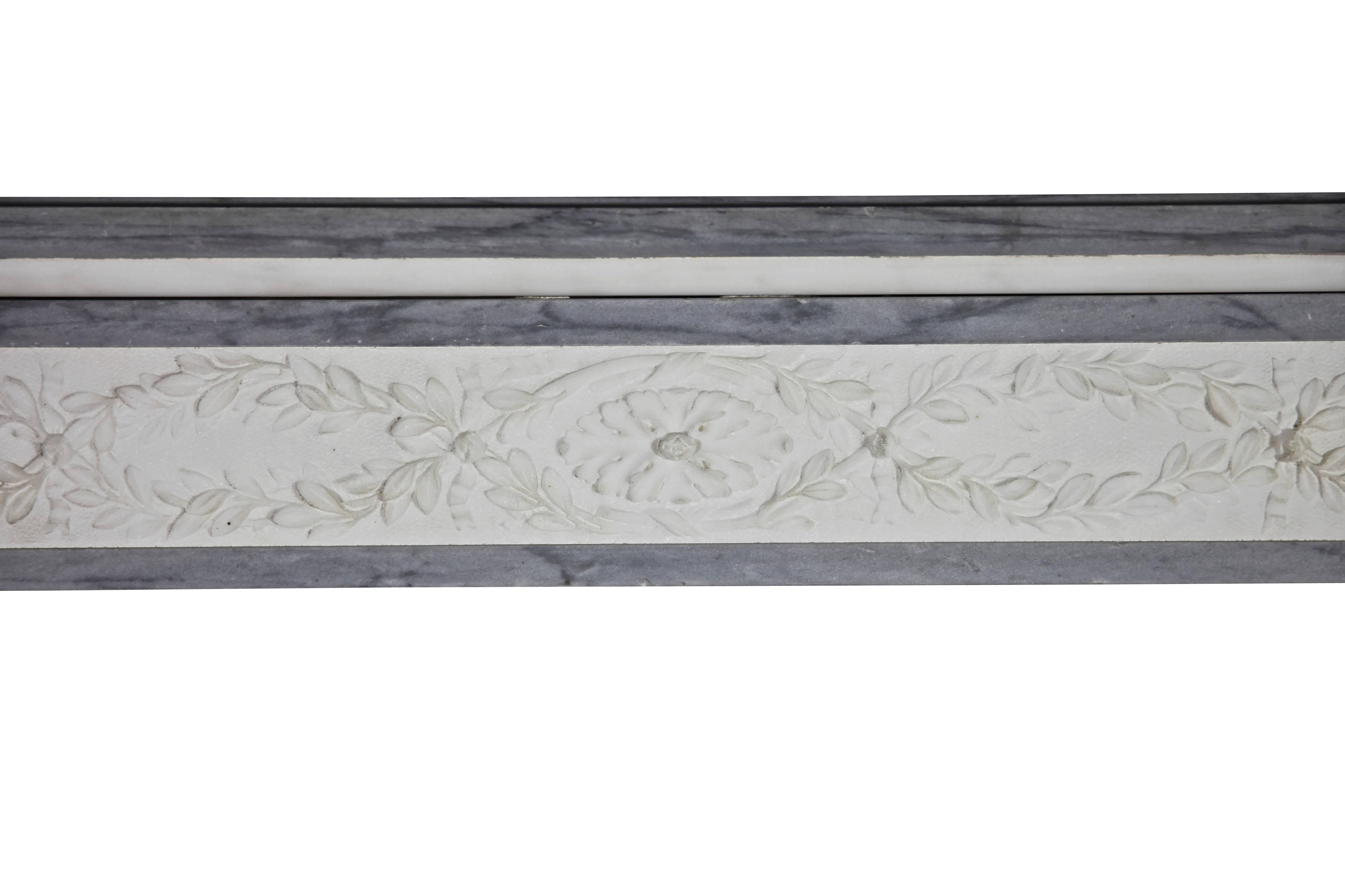 Carved 18th Century Antique Fireplace Mantel in White Statuary and Bleu Turquin Marble For Sale