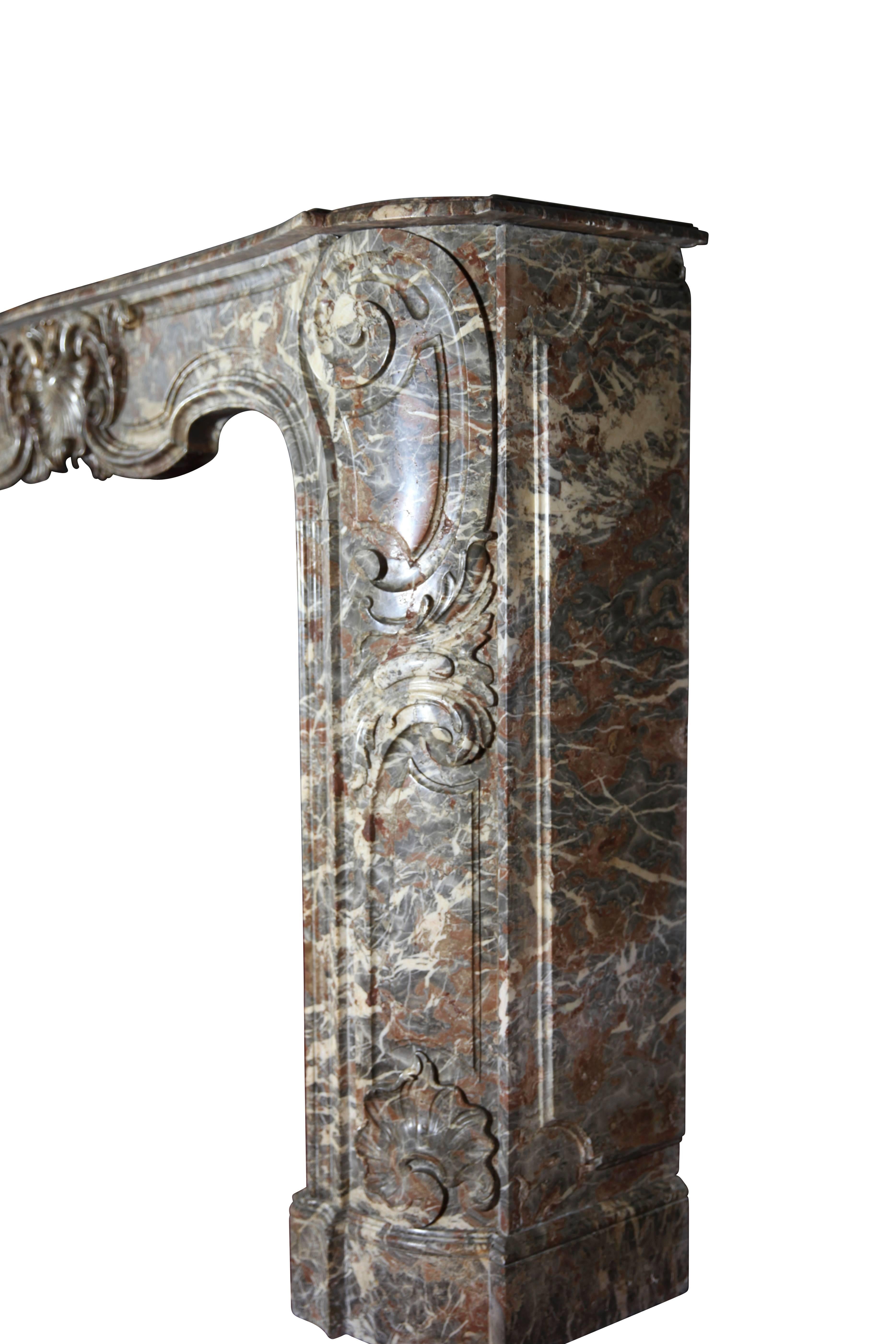 Carved 18th Century Antique Fireplace Mantel in Belgian Brown-Grey Marble For Sale