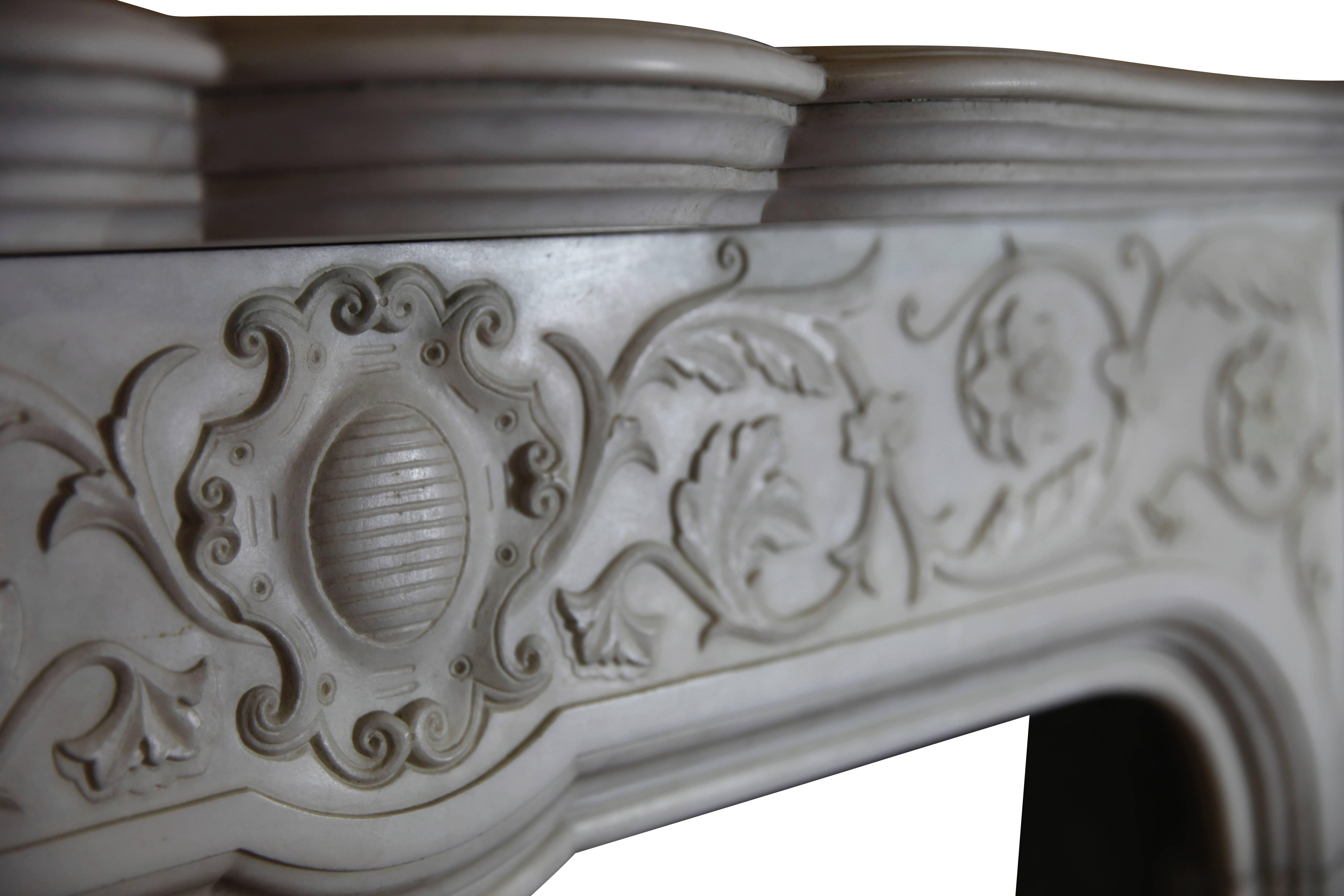 Carved Rare 19th Century Italian White Marble Original Antique Fireplace Mantle For Sale